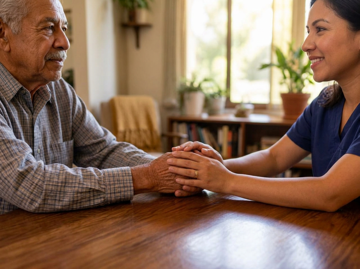 Young Hispanic caregiver holding the hands of an elderly Hispanic resident